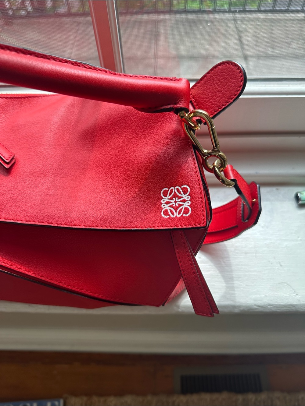 Loewe Bright Red Puzzle Shoulder Bag with Gold Hardware